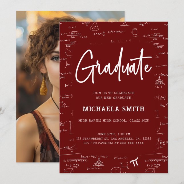 Invitation Elegant Maroon Graduate Math Photo Graduation (Devant / Derrière)