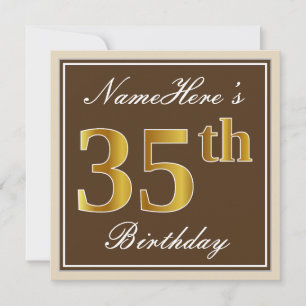 Invitation Elégant, Marron, Or Faux 35e Anniversaire + Nom