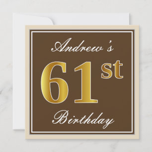 Invitation Elégant, Marron, Or Faux 61e Anniversaire + Nom