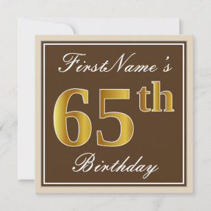 Invitation Élégant, Marron, Or Faux 65e Anniversaire + Nom