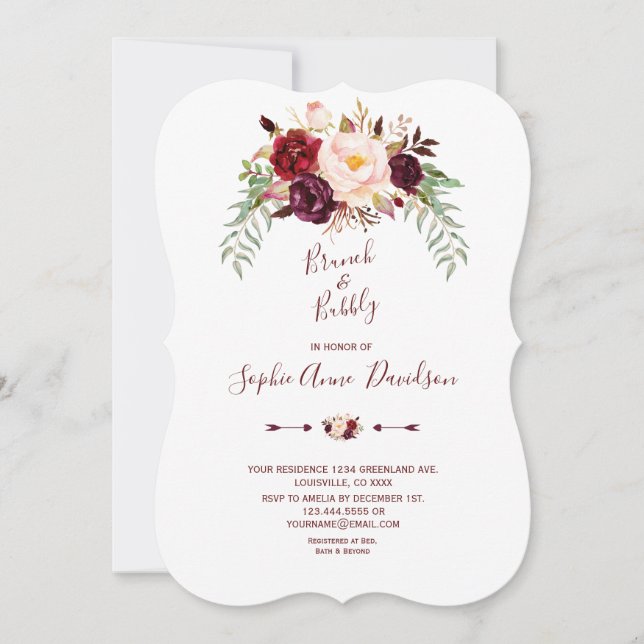 Invitation Elégant Marsala Bourgogne Brunch Floral & Bubbly (Devant)