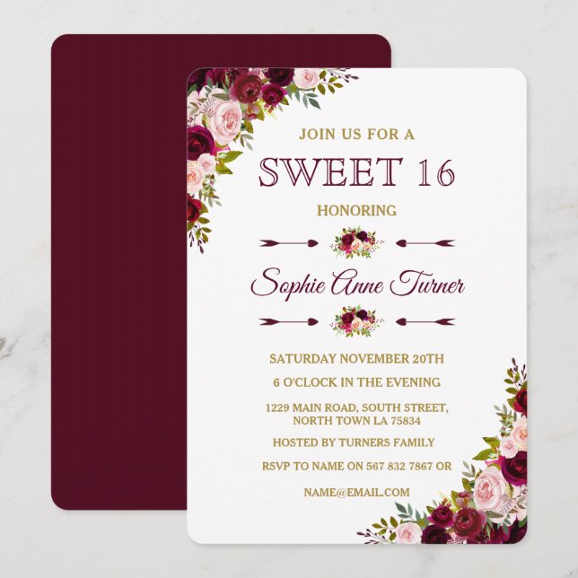 Invitation Élégant Marsala Bourgogne Floral Sweet 16 Invitati (Devant / Derrière)