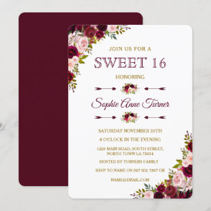 Invitation Élégant Marsala Bourgogne Floral Sweet 16 Invitati