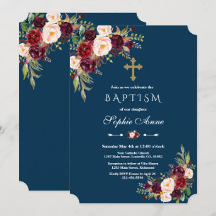 Invitation Élégant Marsala de Bourgogne Floral Navy Girl Bapt
