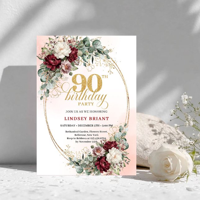 Invitation Elegant Marsala Peonies Eucalyptus 90th Birthday  (Elegant Marsala Peonies Eucalyptus 90th Birthday Invite)