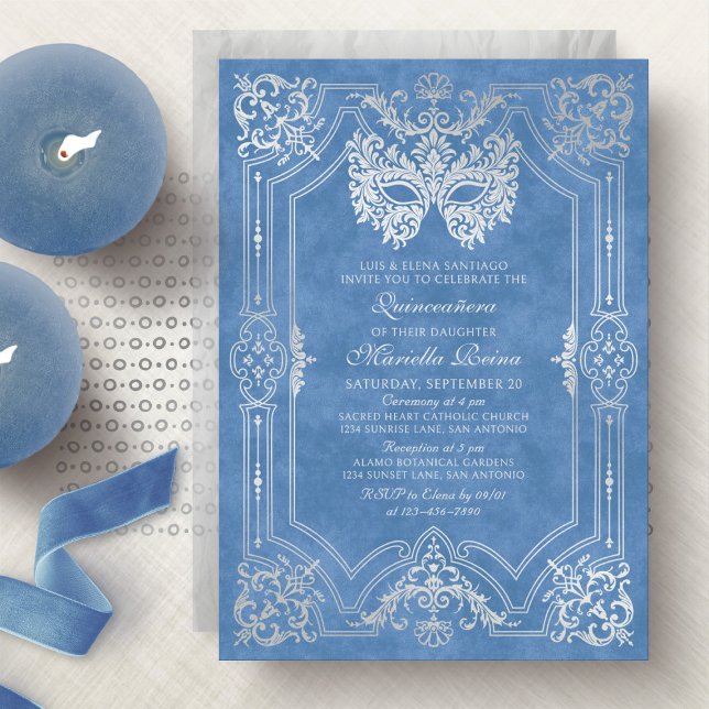 Invitation Elégant Mascarade Bleue Mascaré Quinceanera (Créateur téléchargé)