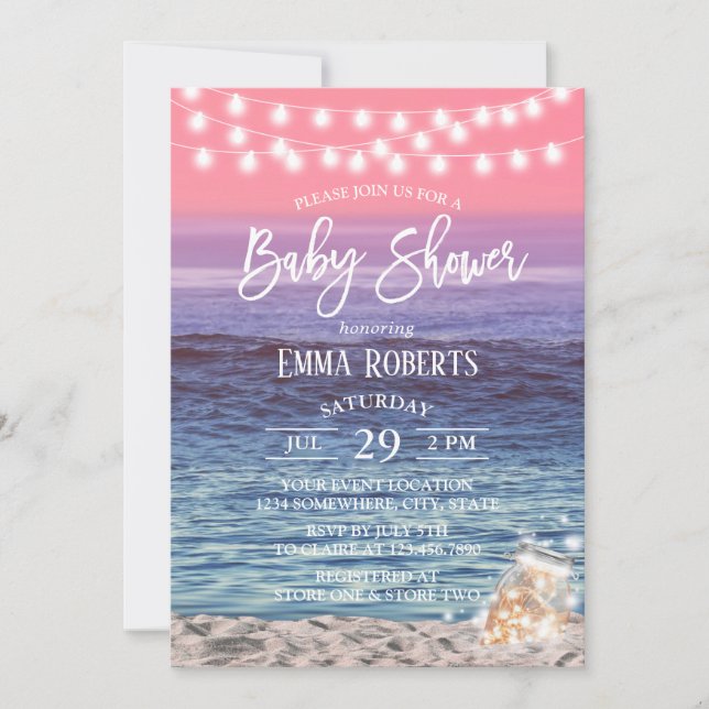 Invitation Elégant Mason Jar éclaire Baby shower de plage ros (Devant)