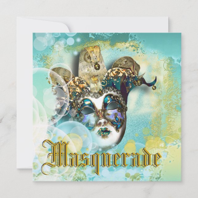 Invitation Elégant masque masqué or casquette turquoise flora (Devant)