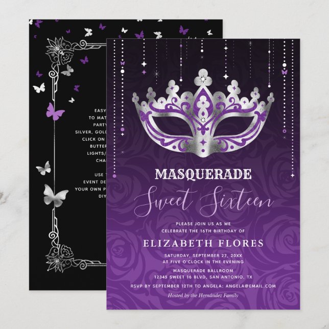 Invitation Élégant Masque Noir Violet Argent pour un Sweet 16 (Devant / Derrière)