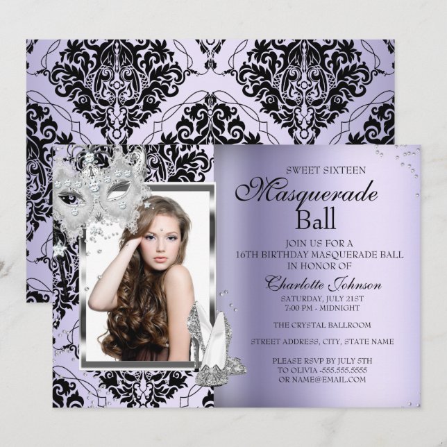 Invitation Elégant Masque Talons Masquerade Sweet 16 Lavande  (Devant / Derrière)