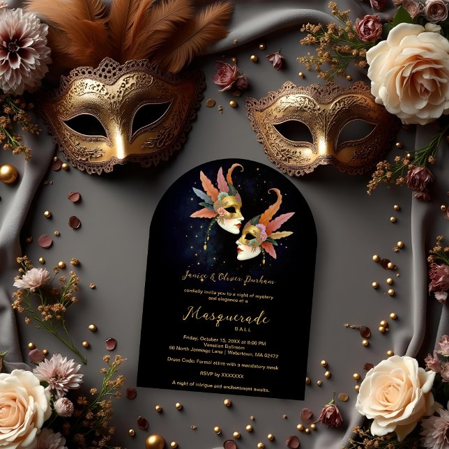 Invitation Elegant Masquerade Masks with Gold Effect Accents  (Elegant Masquerade Masks with Gold Effect Accents Masquerade Ball Invitation Cards. )