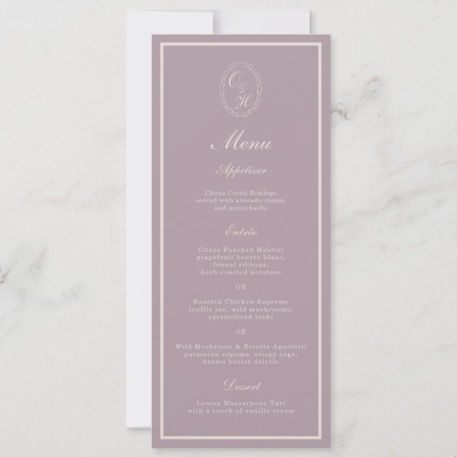 Invitation Elegant Mauve Monogram Wedding Long Menu (Devant)