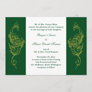 Invitation Elégant Mehndi Peacock Mariage Inviter Vert Blanc