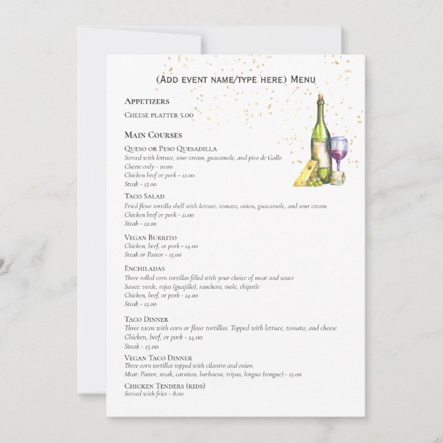 Invitation Élégant menu à double face Modèle fromage à vin (Devant)