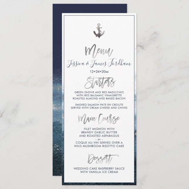 Invitation Élégant+Menu Chic Ancre Argent Faux (Devant / Derrière)