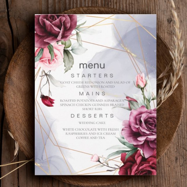Invitation Elégant menu mariage d'aquarelle de Roses rouges b (#Romance #redroses #weddinginvitation #FloralRomance #romanticburgundy #Blush #elegantinvitation)