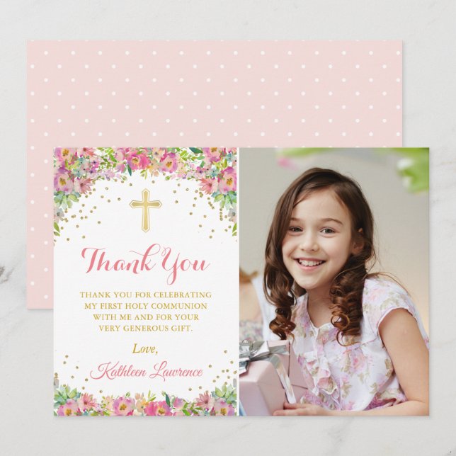 Invitation Élégant Merci de communion rose floral (Devant / Derrière)