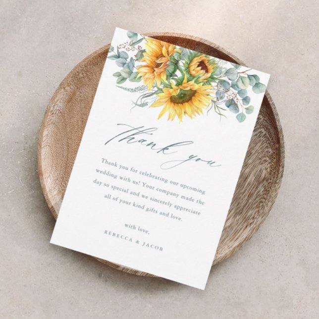 Invitation Élégant Merci de Fête des mariées de tournesol rus (Elegant sunflower eucalyptus bridal shower thank you card with modern handwritten script.)