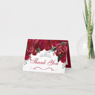 Invitation Élégant Merci de Quinceanera Floral Rouge & Argent