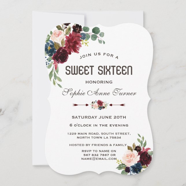 Invitation Elégant Merlot Marine bleu Floral Sweet 16 (Devant)