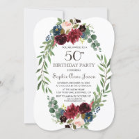 Elégant Merlot Navy Blue Floral 50e anniversaire