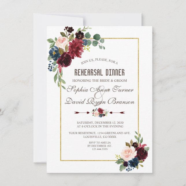 Invitation Elégant Merlot Navy Blue Floral Rehearsal Dîner (Devant)