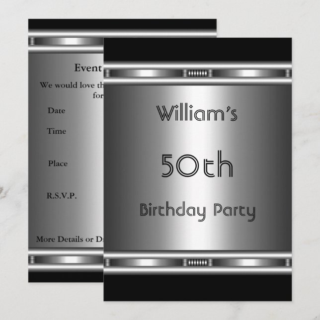 Invitation Elégant métal Look Argent Noir 50e Anniversaire Me (Devant / Derrière)