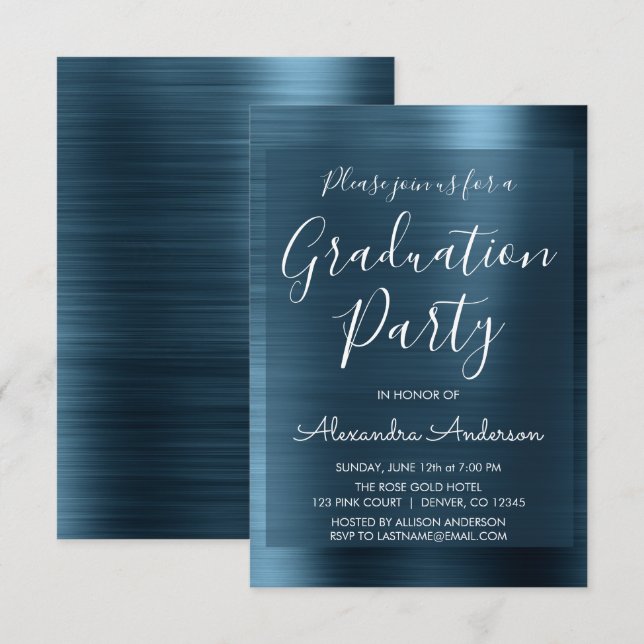 Invitation Elégant Metallic Navy Blue Graduation Party (Devant / Derrière)