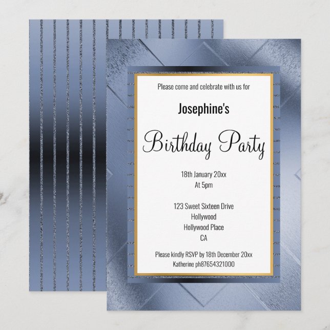 INVITATION ÉLÉGANT MÉTALLIQUE BLEU OR MOTIF ANNIVERSAIRE 2 (Devant / Derrière)