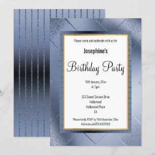 INVITATION ÉLÉGANT MÉTALLIQUE BLEU OR MOTIF ANNIVERSAIRE 2