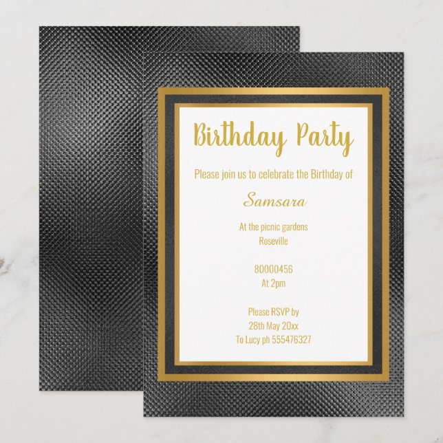 INVITATION ÉLÉGANT MÉTALLIQUE NOIR & OR EMBOSSÉ ANNIVERSAIRE (Devant / Derrière)