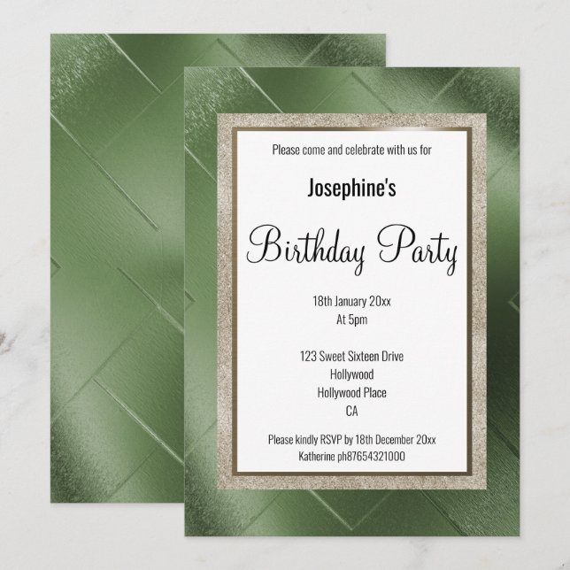 INVITATION ÉLÉGANT METALLIQUE VERT BRONZE MOTIF ANNIVERSAIRE  (Devant / Derrière)