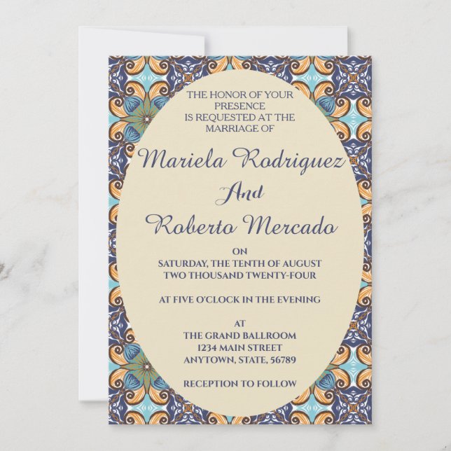 Invitation Élégant mexicain Floral Talavera Oval Mariage (Devant)