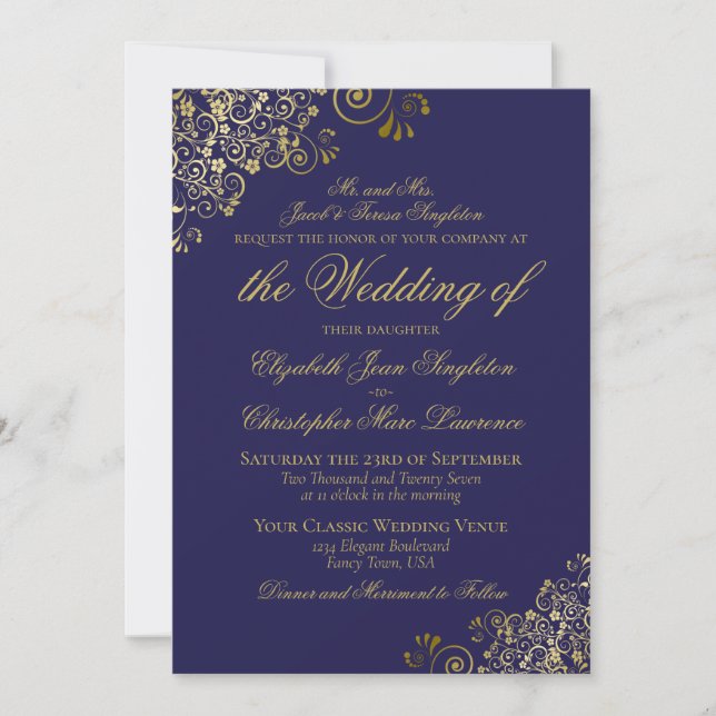 Invitation Elegant Midnight Navy Blue & Gold Formal Wedding (Devant)