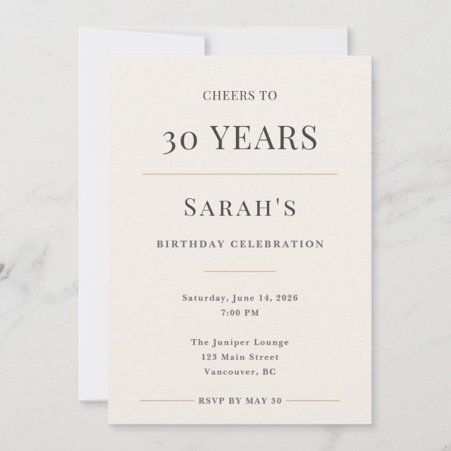Invitation Elegant Minimal 30th Birthday Celebration (Devant)