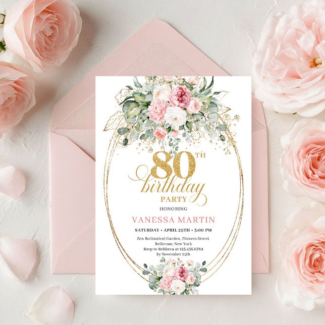 Invitation Elegant Minimal Blush Floral 80th Birthday Invites (Elegant Minimal Blush Floral 80th Birthday Invitation

)