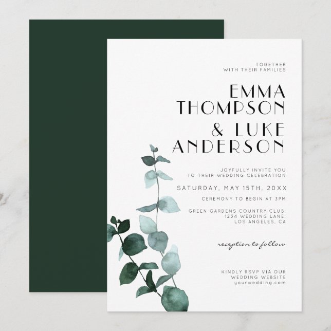 Invitation Elégant minimal Eucalyptus Mariage Feuille (Devant / Derrière)
