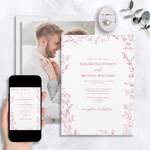 Invitation Élégant minimal feuille vivid Magenta Mariage phot