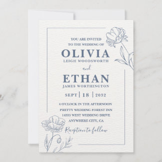 Invitation Elegant Minimalist Blue Floral Sketch Wedding 