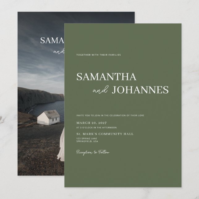 Invitation Elegant Minimalist Modern Green Photo Wedding  (Devant / Derrière)