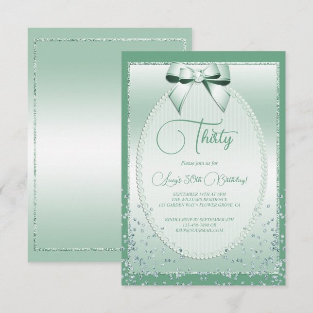 Invitation Elégant Mint Green Bijoux Bow & Confetti Anniversa (Devant / Derrière)