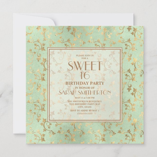 Invitation Elégant Mint Green Gold Sweet 16 (Devant)