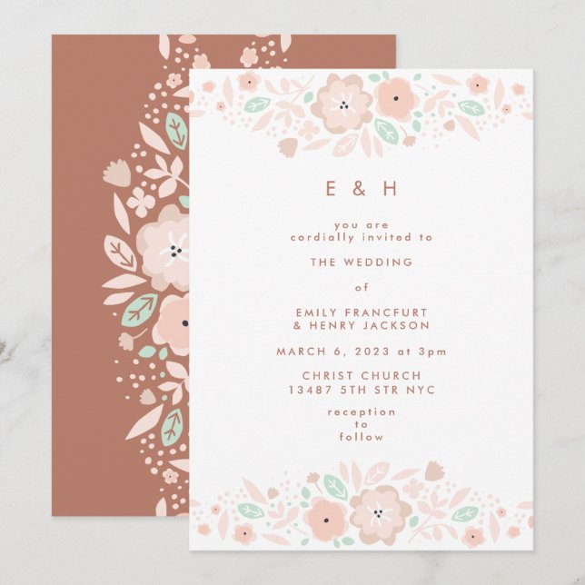 Invitation Elégant Mint Terracotta Boho Mariage de petites fl (Devant / Derrière)