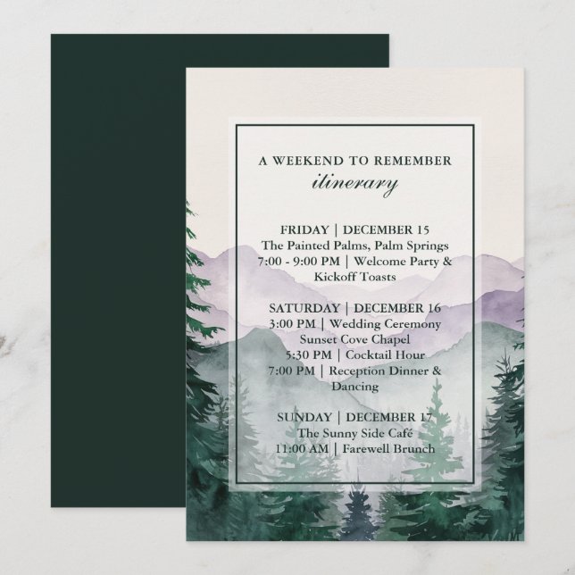 Invitation Elegant Misty Mountain Forest Itinerary Card (Devant / Derrière)