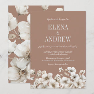 Invitation Elégant Mocha Floral Brown et Mariage blanc