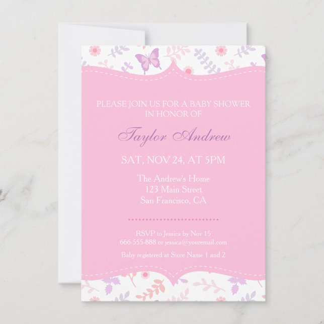 Invitation Élégant modèle floral Baby shower papillon (Devant)