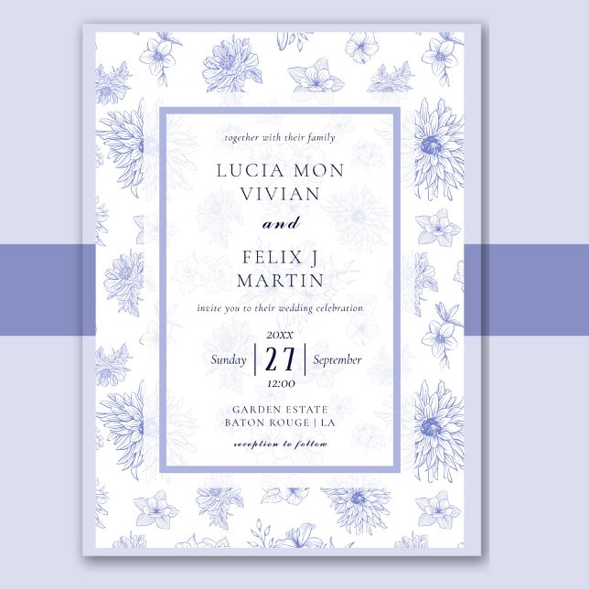 Invitation Elégant modèle floral neutre bleu ombre (Créateur téléchargé)