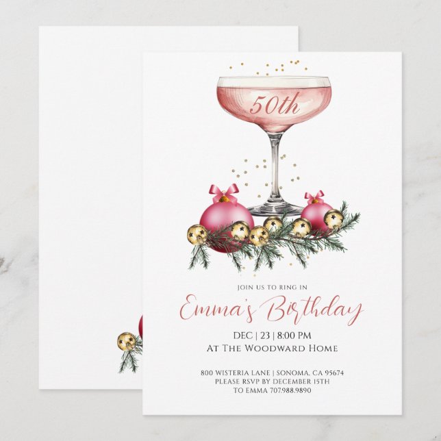 Invitation Elegant Modern 50th Christmas Birthday Party (Devant / Derrière)