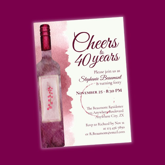 Invitation Elegant Modern Cheers Red Wine 40th Birthday Party (Créateur téléchargé)