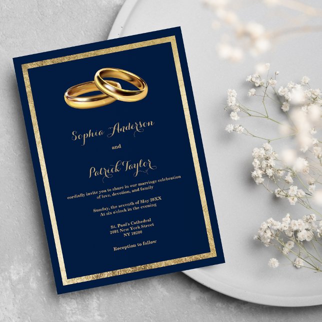 Invitation Elegant modern navy blue gold rings Wedding (Elegant modern navy blue gold rings Wedding)
